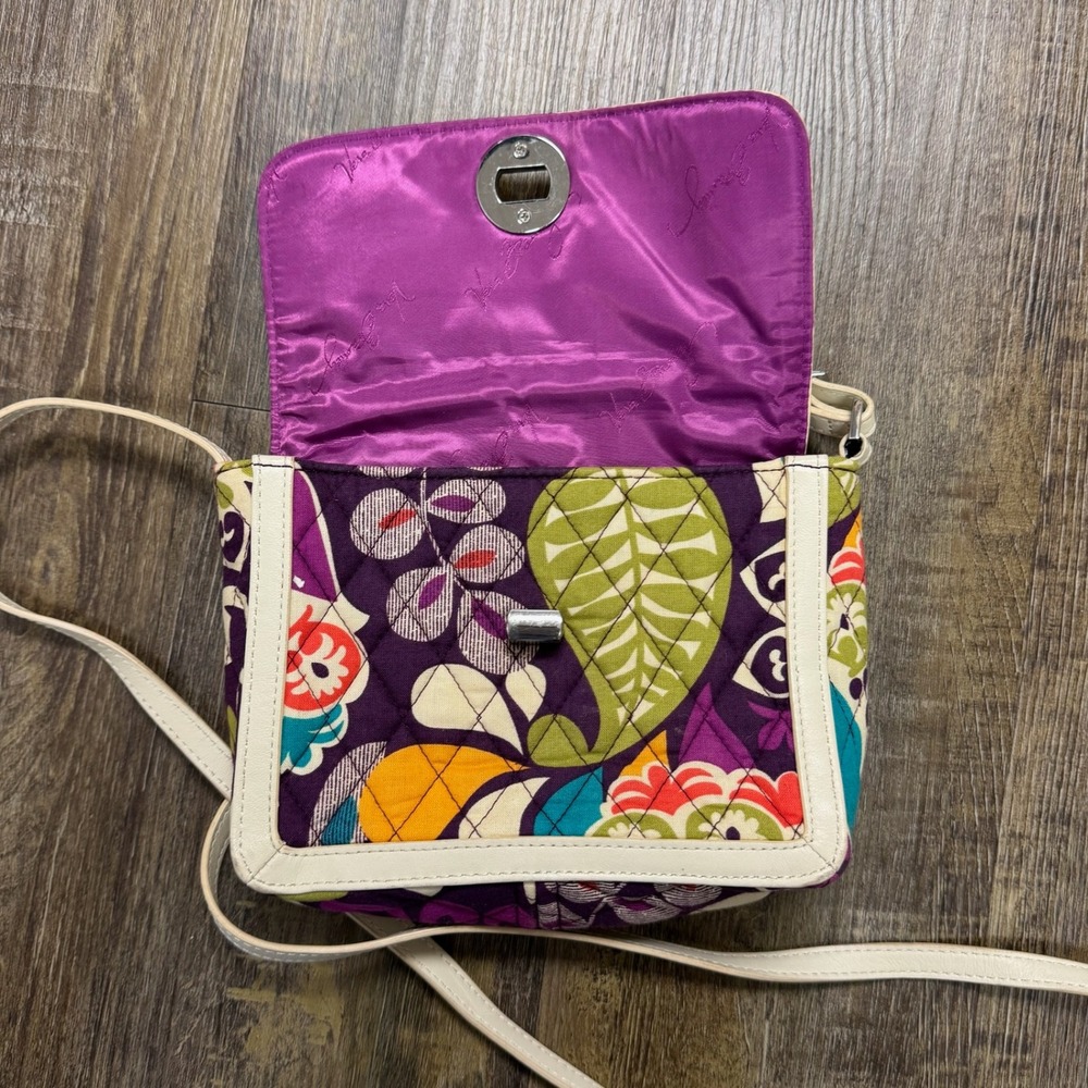 Vera Bradley Quilted Crossbody Bag Colorful Floral Print Cream Leather Trim‎ - Picture 7 of 15